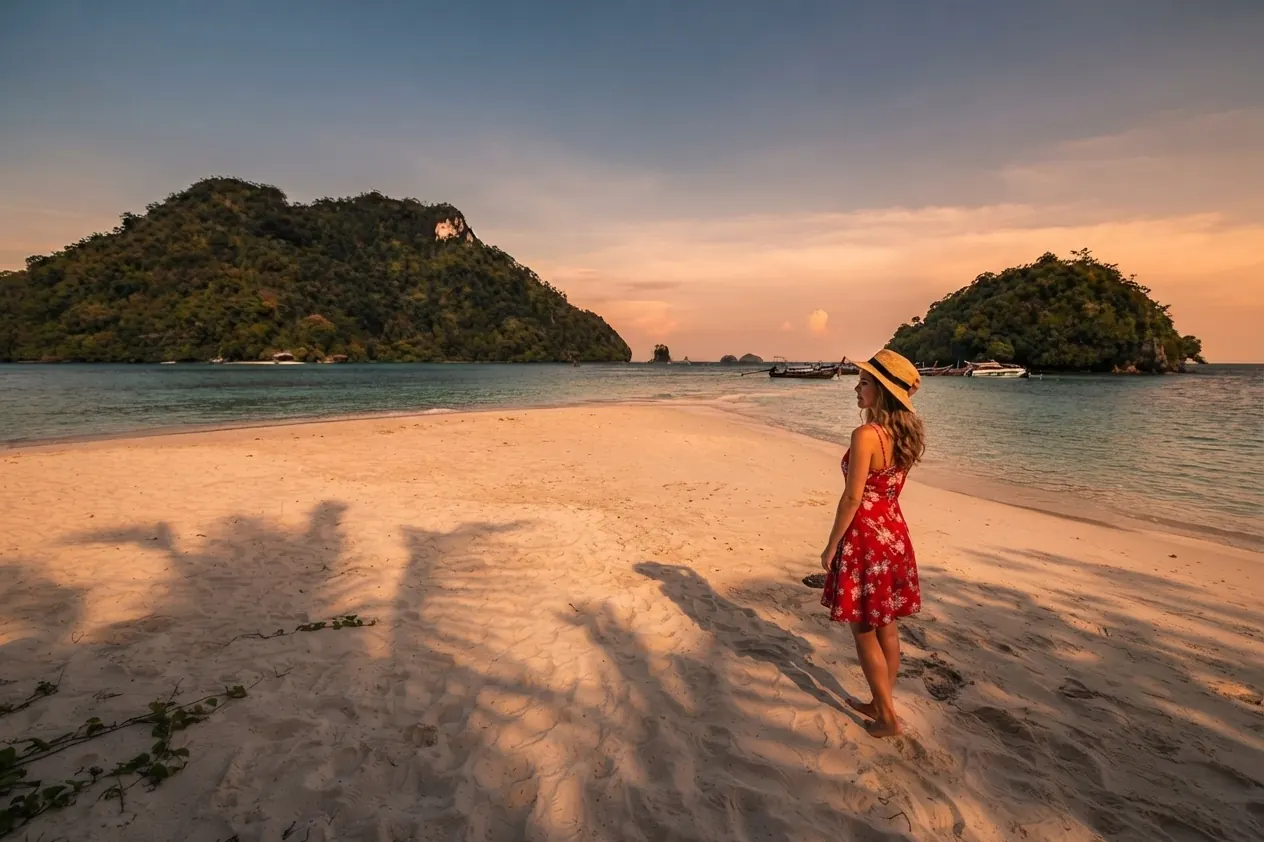 Woman in a red dress and straw hat on the Tup Island sandbar with palm shadows
