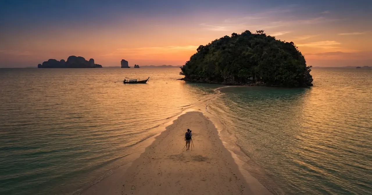 Traveller walking along the Tup Island sandbar toward a small forested island at sunset