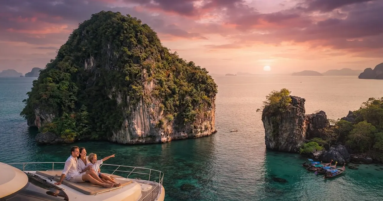 Couple relaxing on a private yacht's bow facing limestone islands at sunset